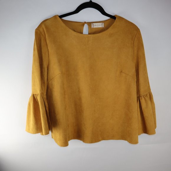 Altar'd State Mustard Yellow Suede-Like Ruffle Sleeve Blouse Women's Size M-NWT - Picture 1 of 9